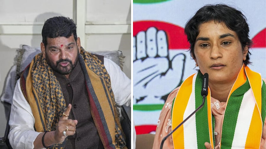 <div class="paragraphs"><p>Former WFI chied Brij Bhushan Sharan Singh (L), Congress candidate and wrestler Vinesh Phogat.&nbsp;</p></div>